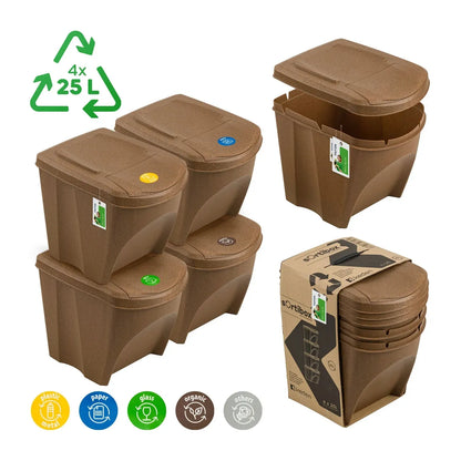 Sortibox Eco Wood 4 x 25L Stackable Recycling Bins Waste Bin Set Brown 100L