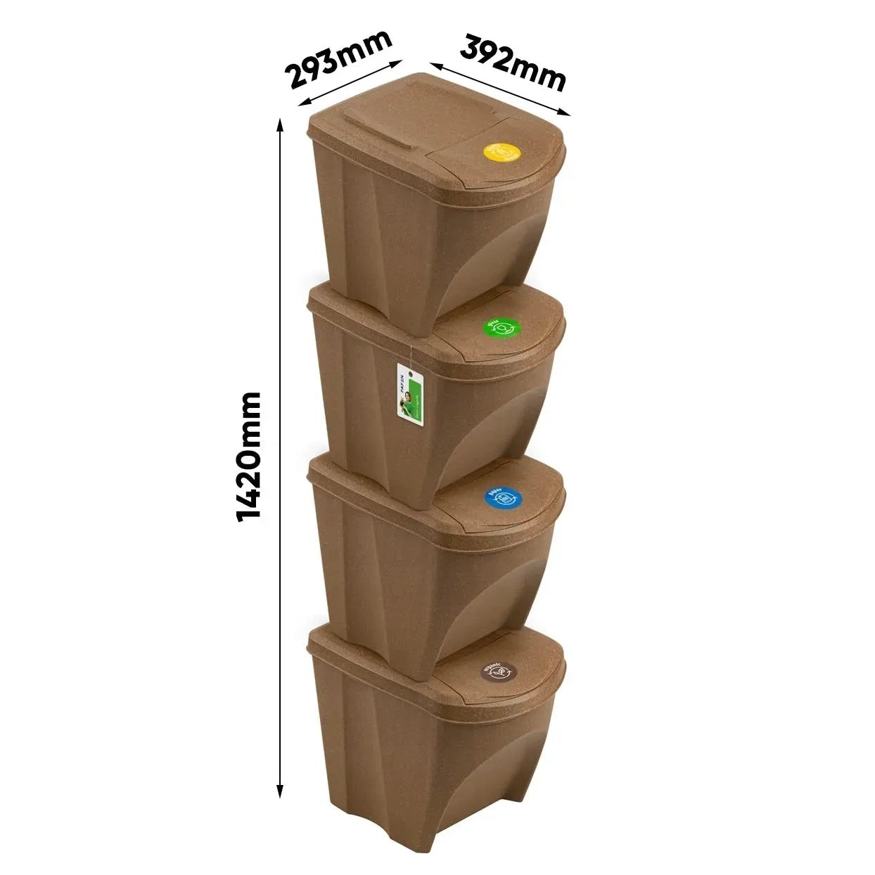 Sortibox Eco Wood 4 x 25L Stackable Recycling Bins Waste Bin Set Brown 100L