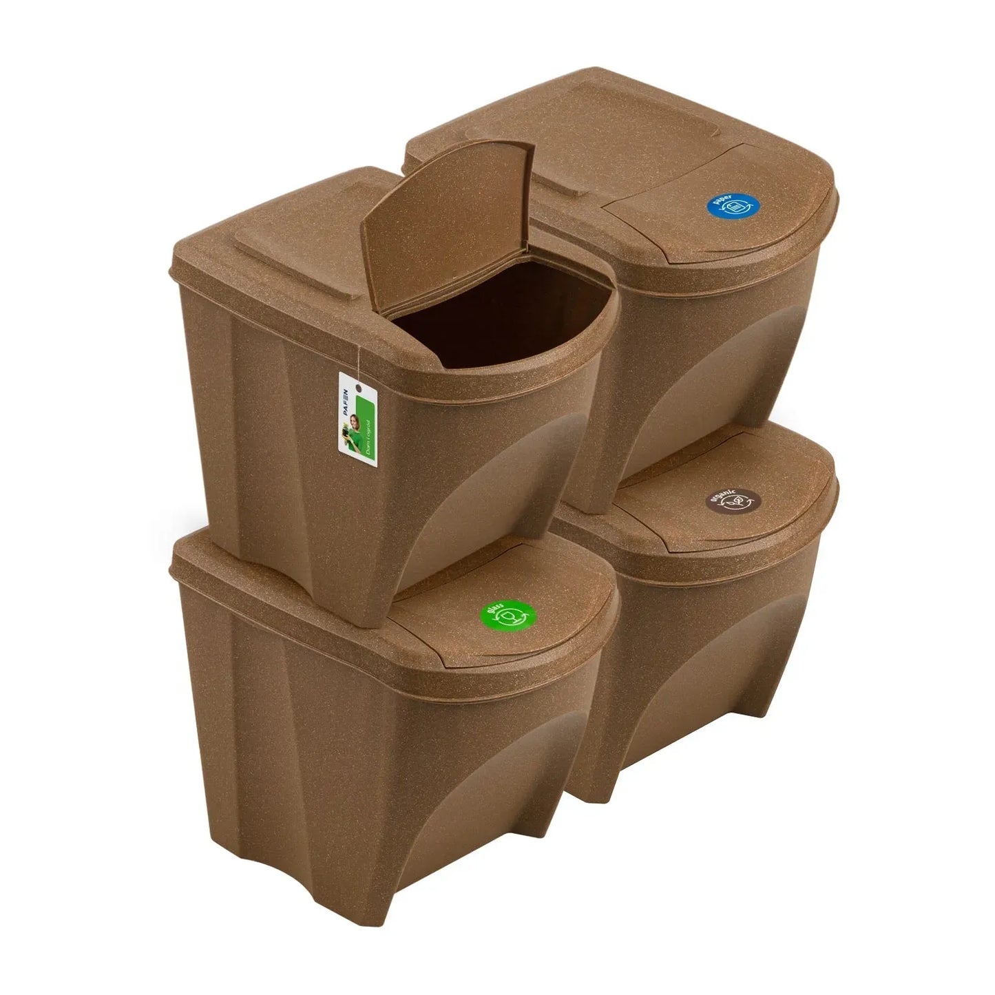 Sortibox Eco Wood 4 x 25L Stackable Recycling Bins Waste Bin Set Brown 100L