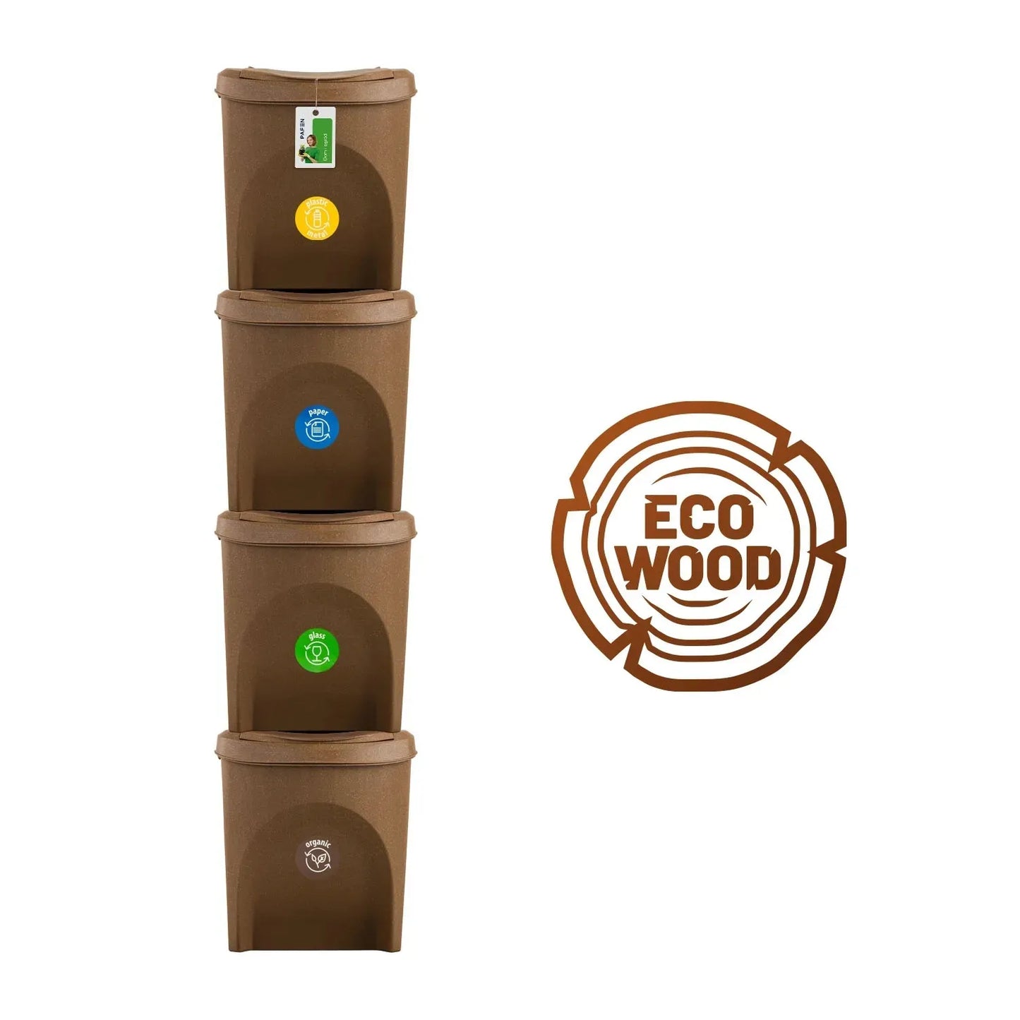 Sortibox Eco Wood 4 x 25L Stackable Recycling Bins Waste Bin Set Brown 100L