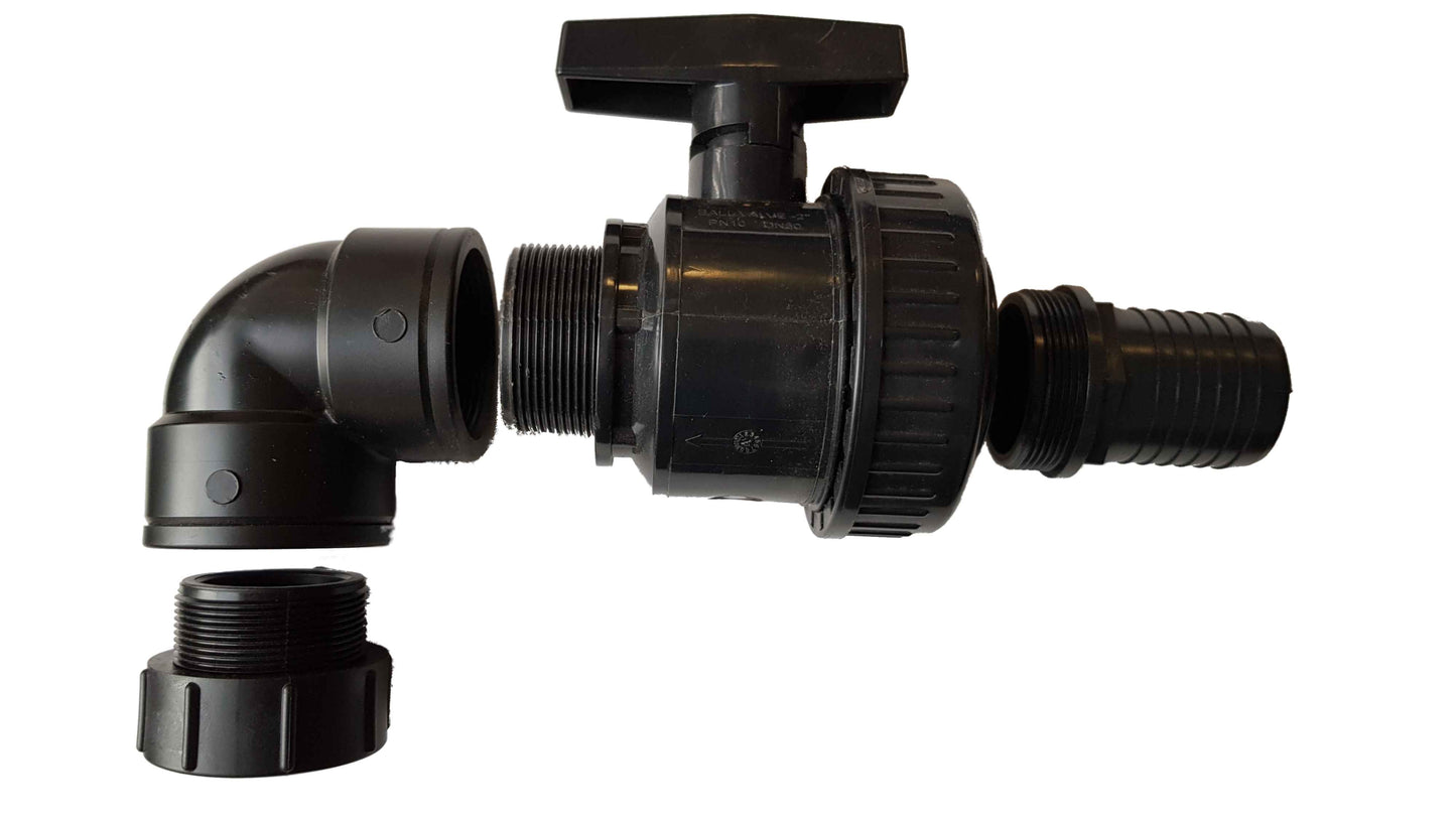 IBC 2” S60X6 Cap with Large Plastic Valve, 2” BSP Elbow Fitting and 50mm Hose Barb