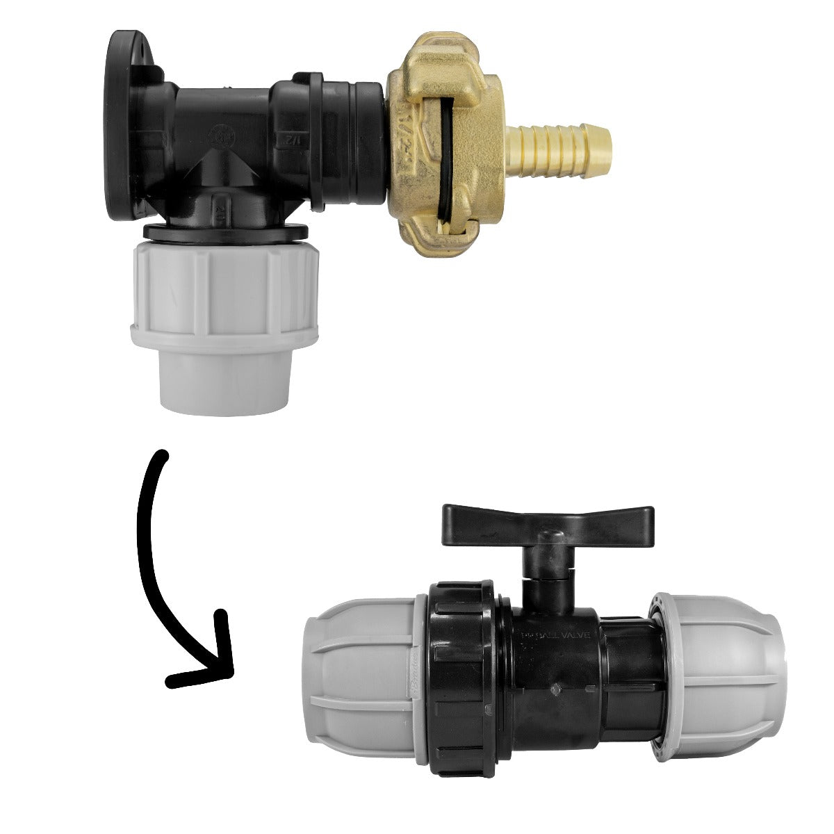 20mm MDPE Wall Flange Set with Geka Fitting, Inline Valve and ½" Barb Connection