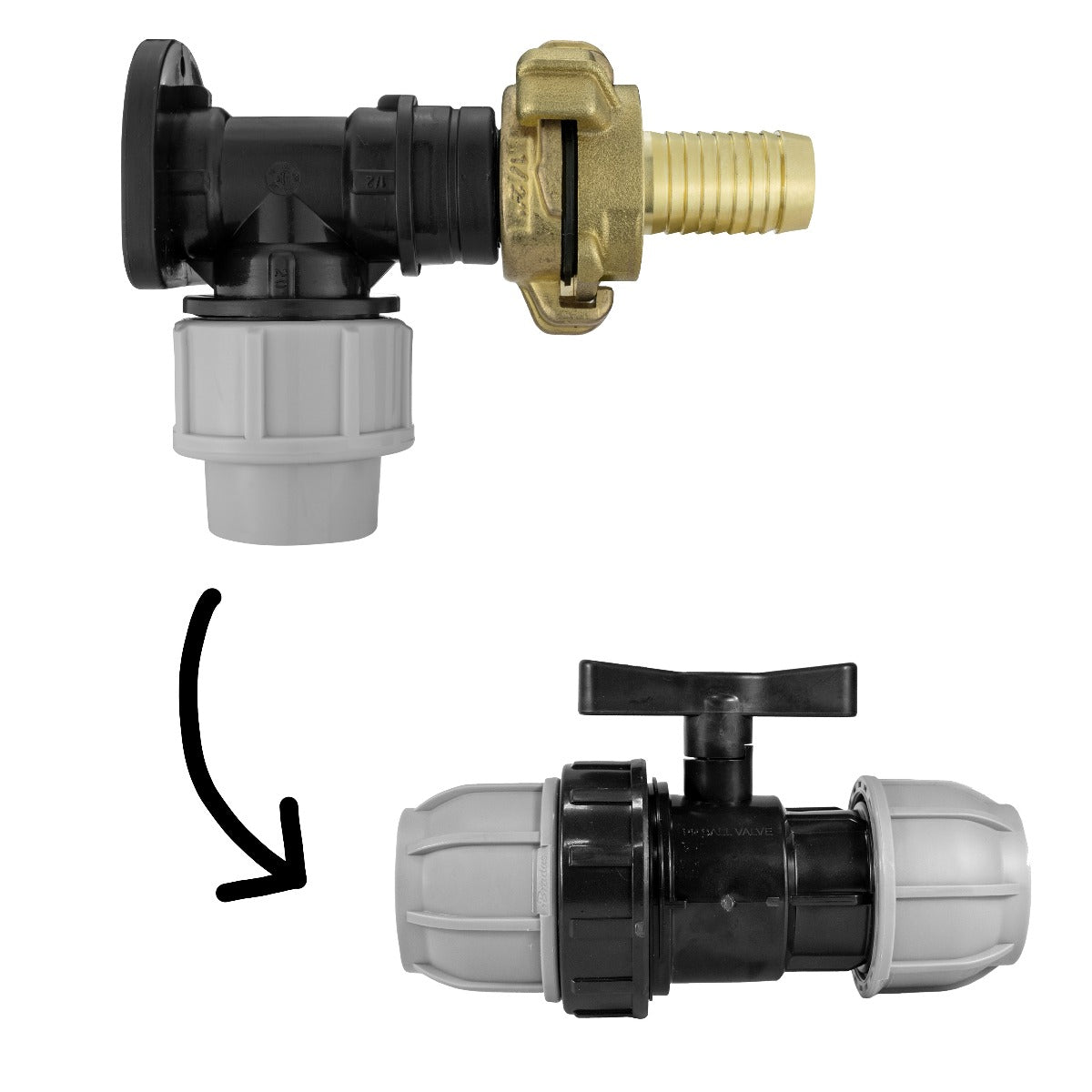 20mm MDPE Wall Flange Set with Geka Fitting, Inline Valve and ¾" Barb Connection