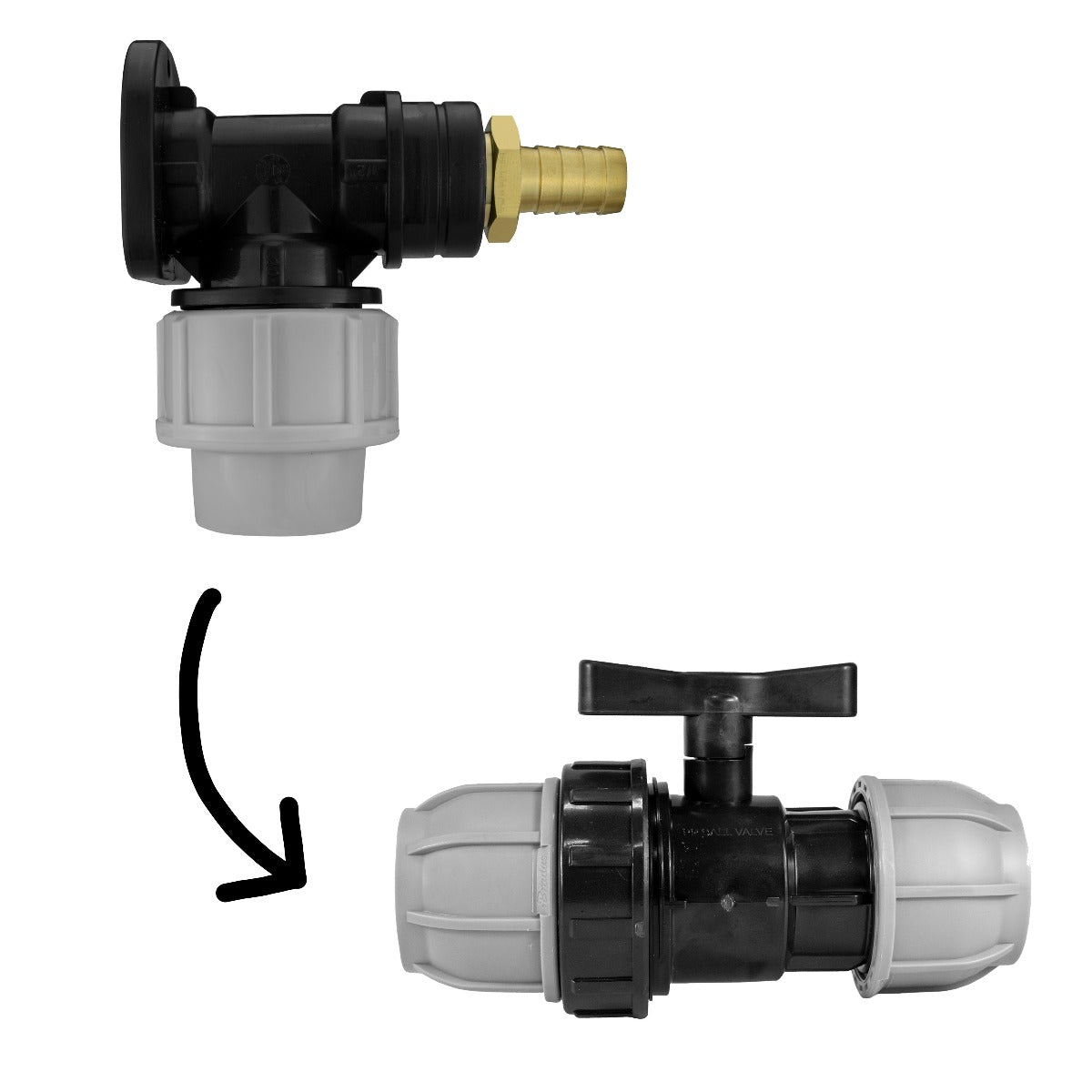 20mm MDPE Wall Flange Set with ½" Barb Outlet & In-Line Valve
