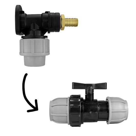 20mm MDPE Wall Flange Set with ½" Barb Outlet & In-Line Valve