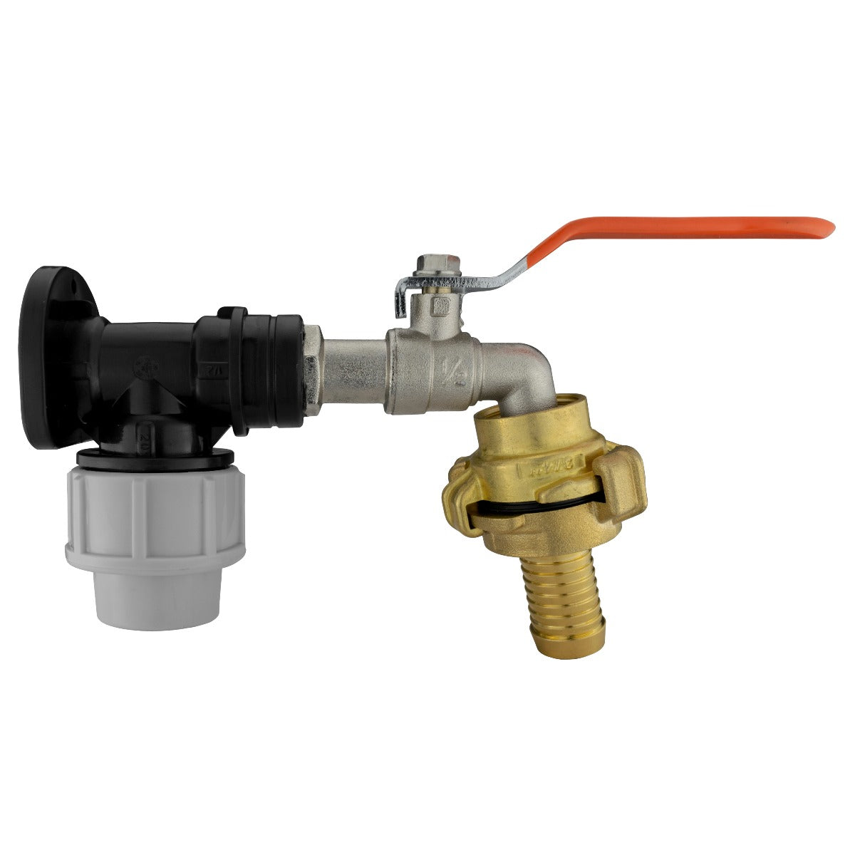 20mm MDPE Wall Flange Set with ½" Lever Tap and ¾" Geka Barb Fitting