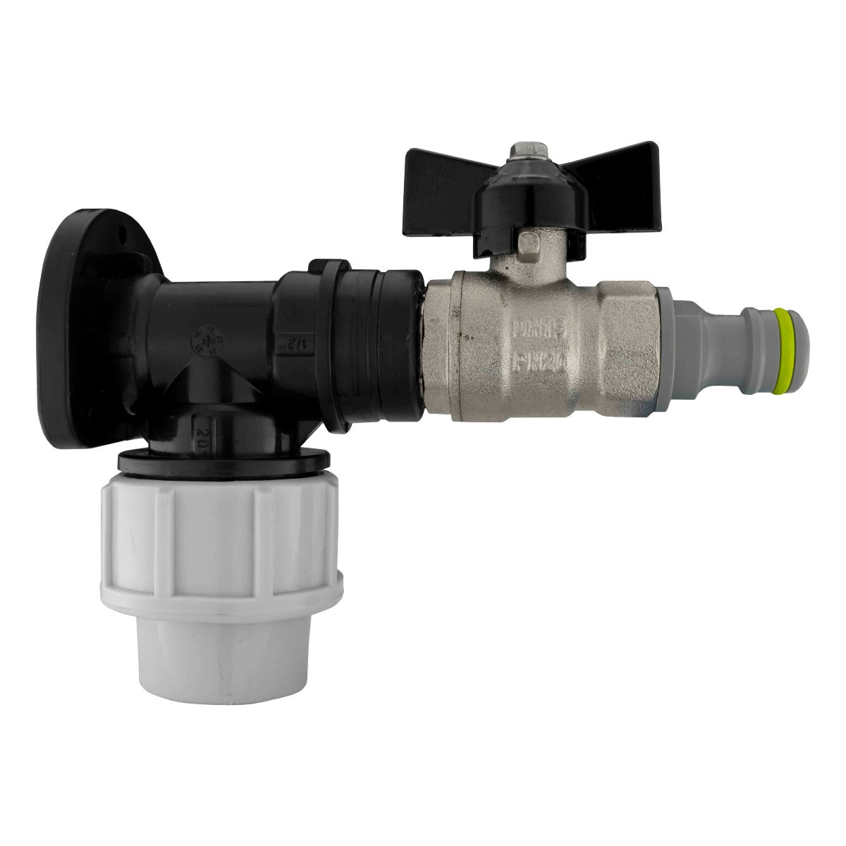 20mm MDPE Wall Flange Set with ½" BSP Bib Valve and Snap-On Fitting