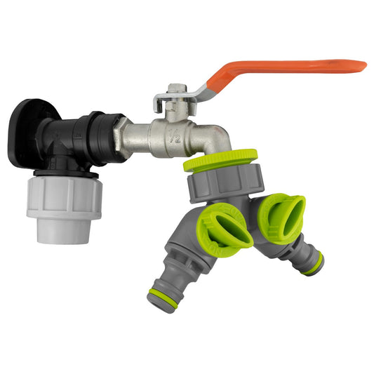 20mm MDPE Wall Flange Set with Lever Tap and Dual Outlet Splitter