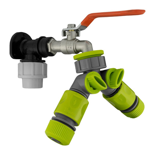 20mm MDPE Wall Flange Set with Lever Tap, Dual Outlet Splitter and Connectors