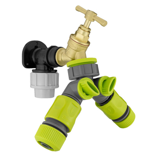 20mm MDPE Wall Flange Set with Brass Tap, Dual Outlet Splitter and Connectors