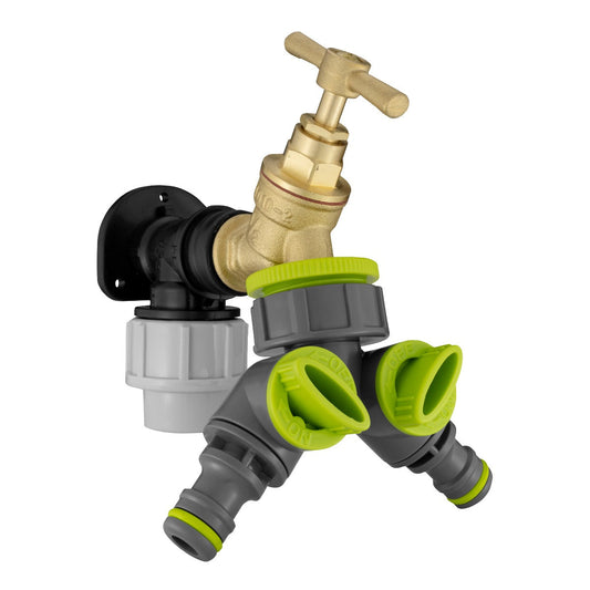20mm MDPE Wall Flange Set with Brass Tap and Dual Outlet Splitter