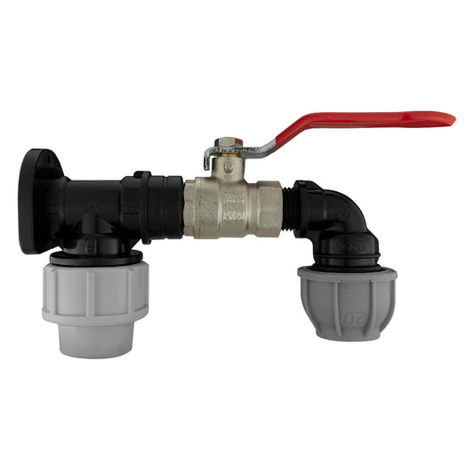 20mm MDPE Wall Flange Set with Lever-Controlled Valve and 25mm Elbow Connector