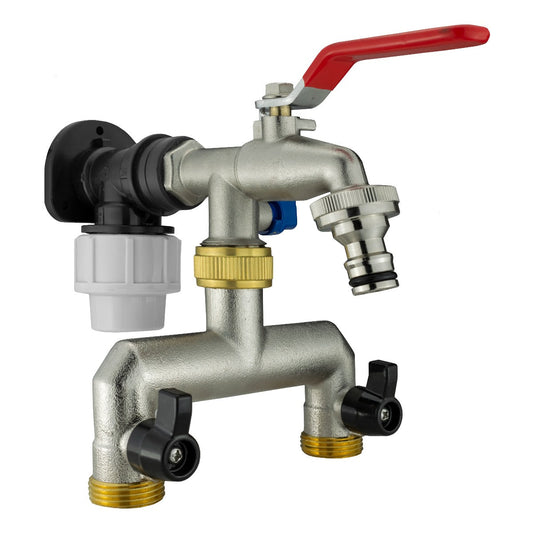 20mm MDPE Wall Flange Set with Dual Tap and Three-Way Threaded Outlet