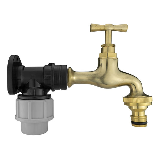 20mm MDPE Wall Flange Set with Polished Brass Bib Tap and Snap-On Fitting