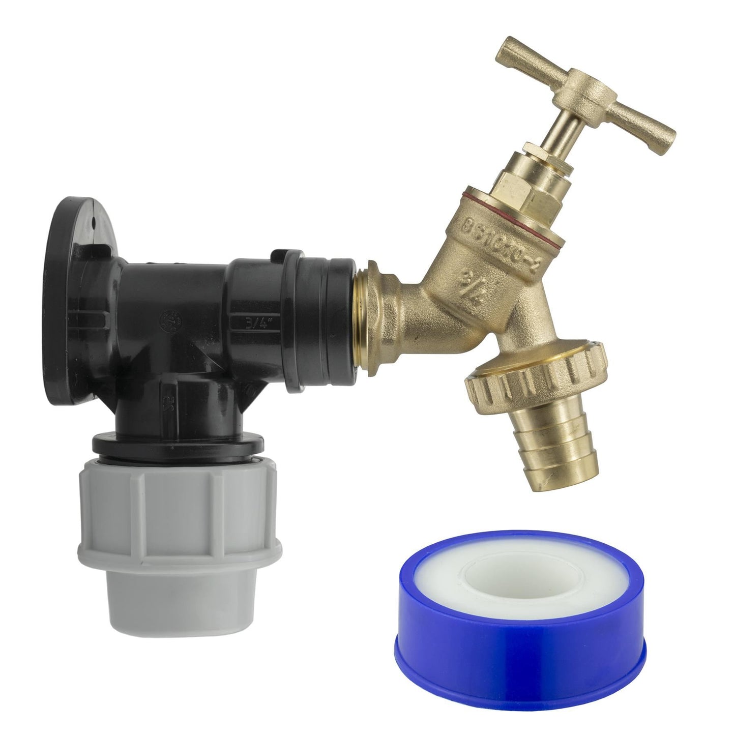 25MM MDPE WALL FLANGE + 3/4" BRASS BIB TAP (BARB) + PTFE