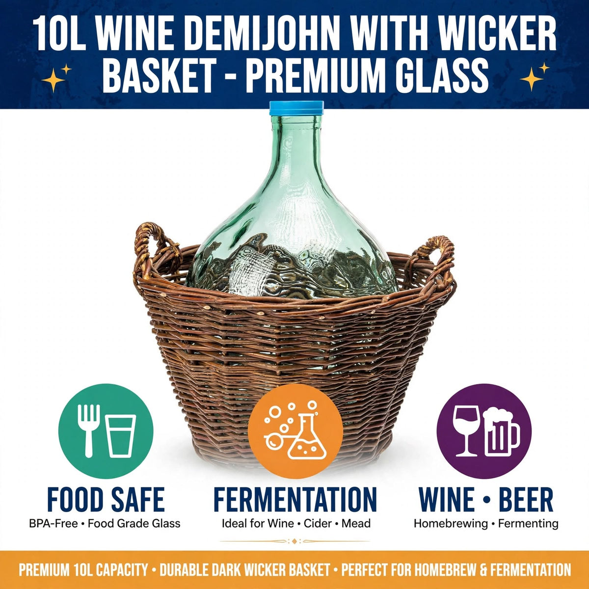 10L 15L 25L Glass Demijohn with Wicker Basket for Wine Beer Cider Mead Making