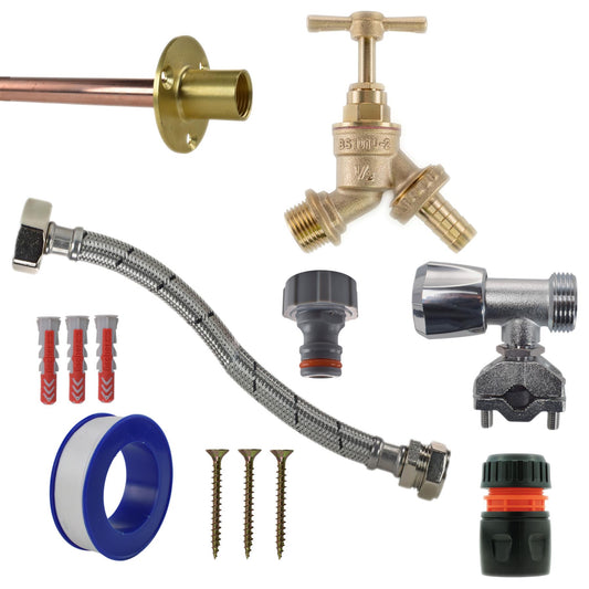 Outdoor Tap Kit Through Wall 15mm Pipe Self Cutting Valve Brass